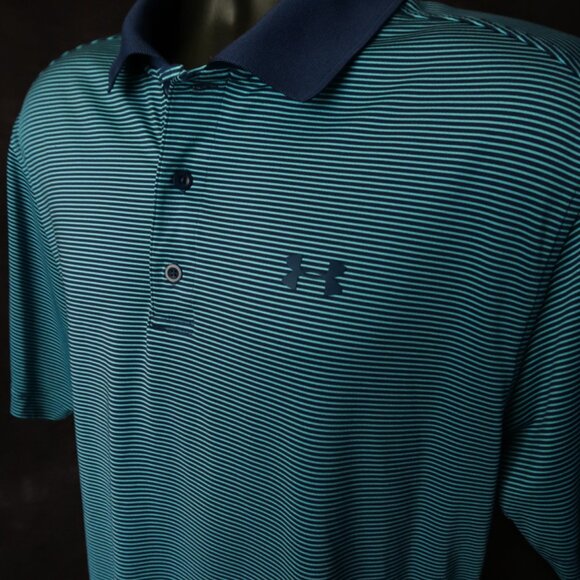 Under Armour Navy Blue Striped Stretch Performance Polo (L) NICE!! ⛳️ - Picture 6 of 8